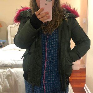 Olive Green Puffy Jacket with Pink Fur
